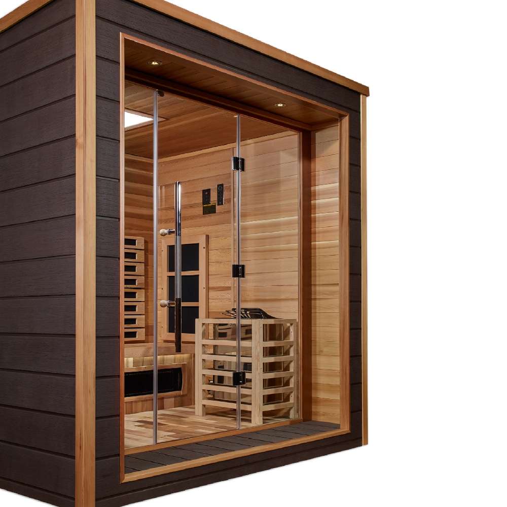 Close angled view of Golden Designs Visby 3 Person Outdoor-Indoor PureTech Hybrid Full Spectrum Sauna with a guarded stove and lit cedar bench visible through the glass front