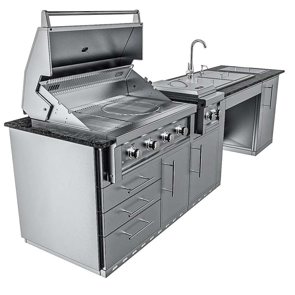 Close angled view of Sunstone Summit 10ft Outdoor Kitchen Island Package focusing on the open grill, control knobs, and cabinet drawers