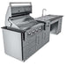 Close angled view of Sunstone Summit 10ft Outdoor Kitchen Island Package focusing on the open grill, control knobs, and cabinet drawers