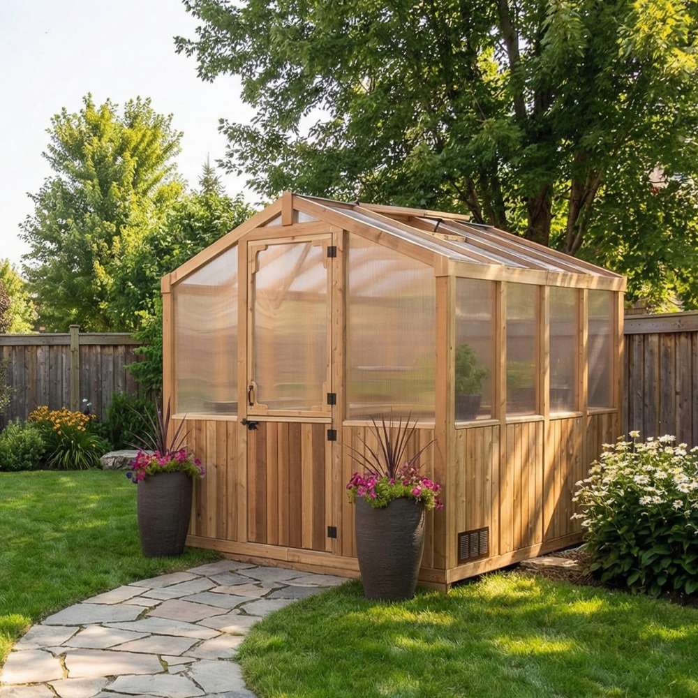 Close front view displays the 8x8 Outdoor Living Today Western Red Cedar Greenhouse Kit with potted plants on each side