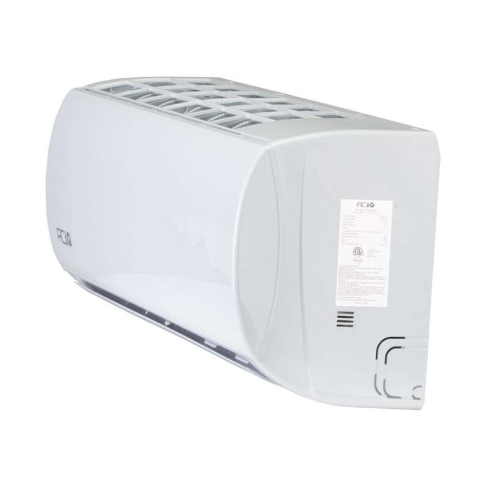 Close side view of the indoor unit for ACiQ 12000 BTU Essentials 17 SEER2 Single Zone Wall Mount Mini Split Heat Pump System shows the rating label, top intake grille and pipe knockout on its end panel