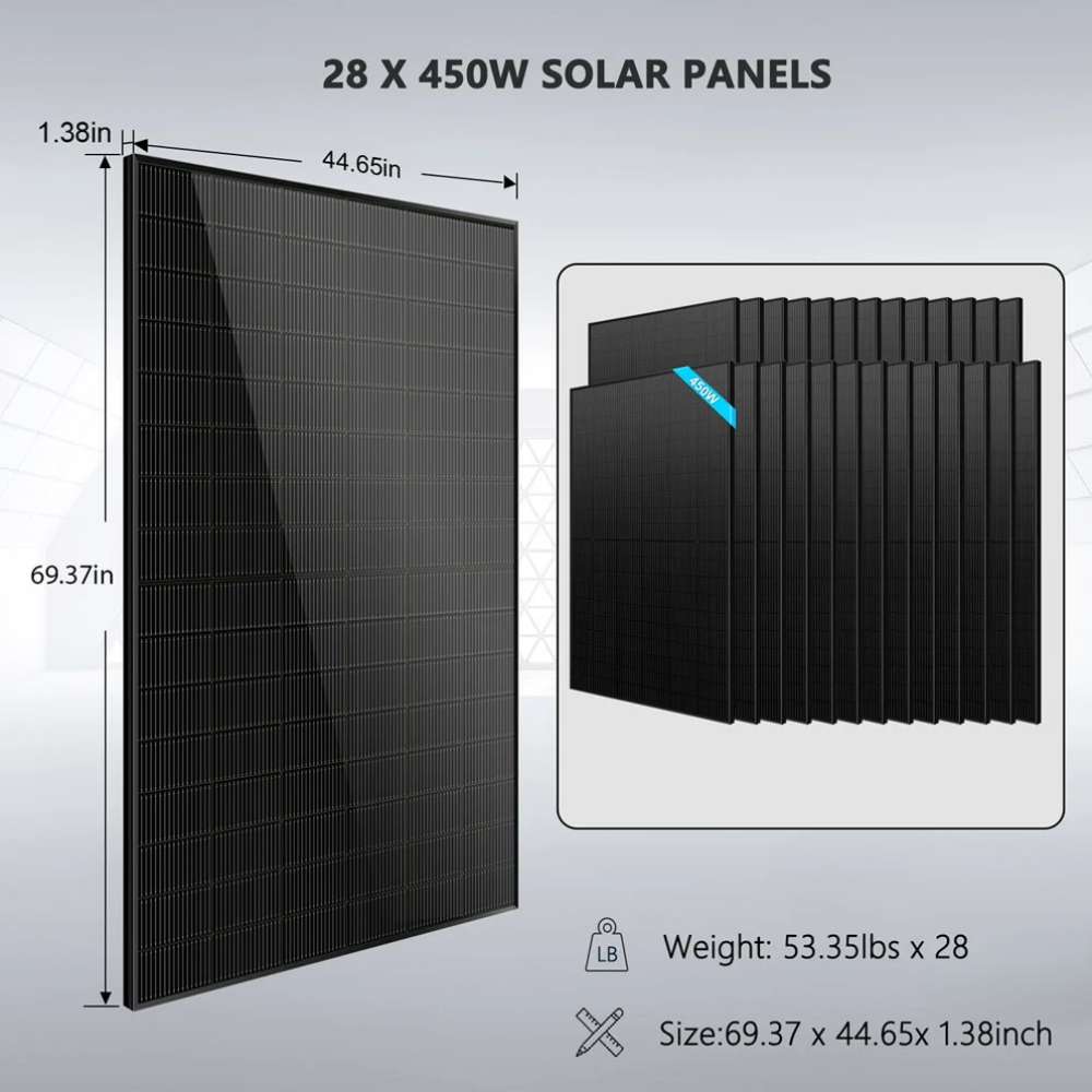 Close-up of 28 black 450W solar panels in Sun Gold Power 11400W 48V Split Phase 30.72KWH Lithium Battery Hybrid Solar Kit with dimensions shown