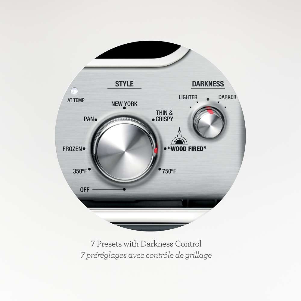 Close-up of Breville® Smart Oven® Pizzaiolo Pizza Oven controls shows seven pizza presets and adjustable darkness settings