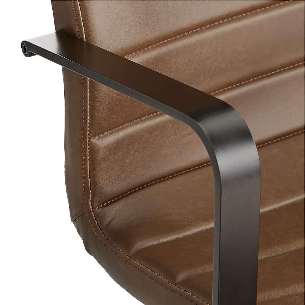 Close-up of Crate & Barrel Graham Brown Office Chair highlighting brown upholstery and black metal armrests