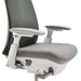 Close-up of Crate & Barrel Haworth Fern Upholstered River Rock Office Chair seat, adjustable armrests, and under-seat adjustment controls