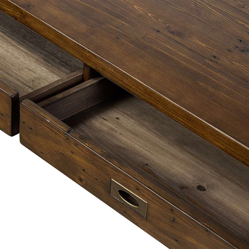 Close-up of Crate & Barrel Morris 48" Chocolate Brown Writing Desk with an open drawer showing the wooden interior