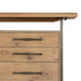 Close-up of Crate & Barrel Sedgwick Solid Oak Wood Desk with Storage shows three drawers with long metal handles and natural oak grain