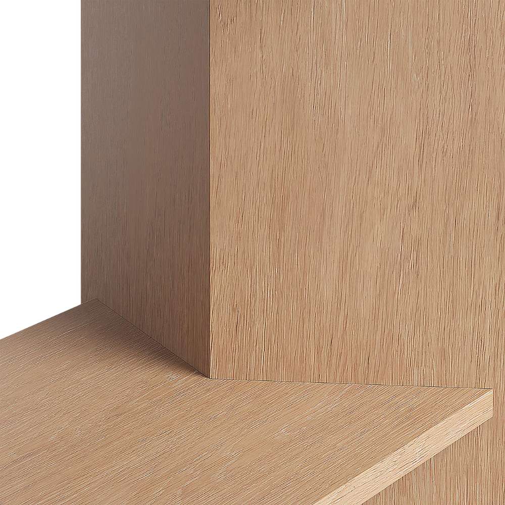 Close-up of Crate & Barrel Terrazza 38" Natural Solid Oak Wood 2-Shelf Storage Bookcase Cabinet showing the natural oak wood grain and shelf detail
