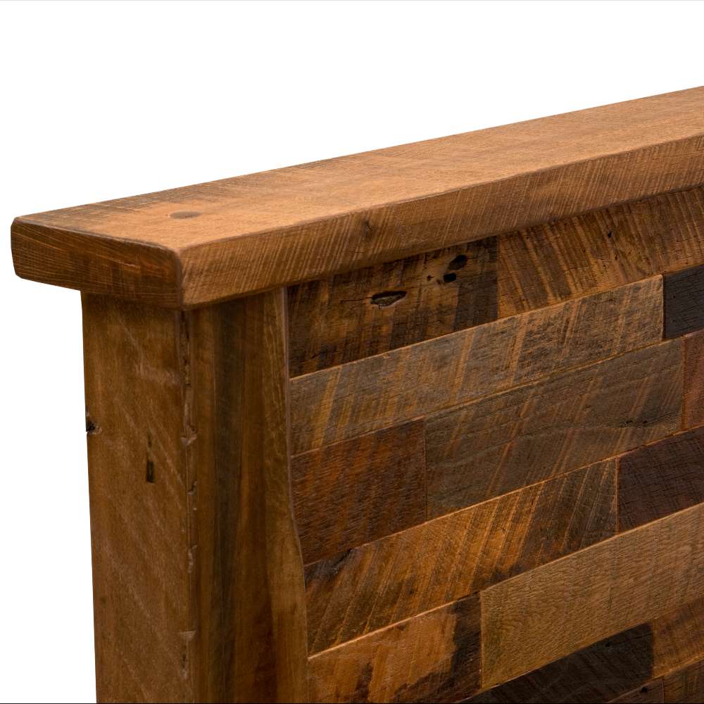 Close-up of Fireside Lodge Barnwood Americana Headboard shows its thick wooden top and textured barnwood surface with visible grain and knots