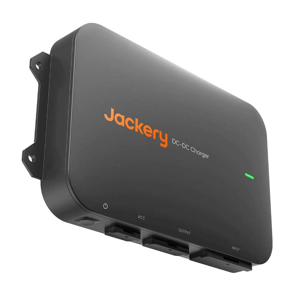 Close-up of Jackery DC-DC Alternator Charger with its compact black housing, mounting brackets, and status indicator light