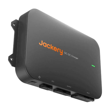 Close-up of Jackery DC-DC Alternator Charger with its compact black housing, mounting brackets, and status indicator light