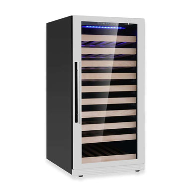 Close-up of KingsBottle 47-Inch Height Single Zone Wine Cooler With Low-E Glass Door highlighting the glass door and vertical handle