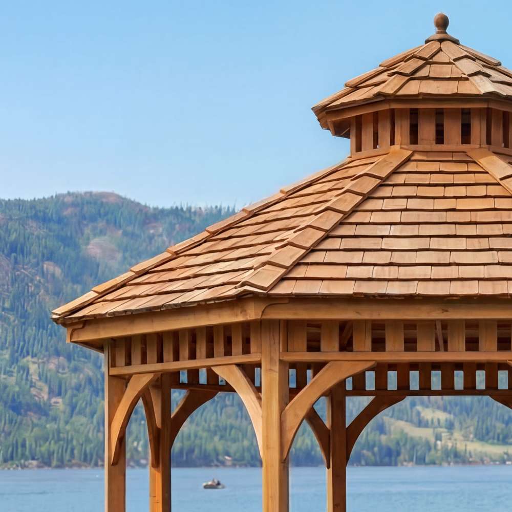 Close-up of Outdoor Living Today Western Red Cedar Octagon Bayside Gazebo showing its cedar shingles and sturdy wood craftsmanship