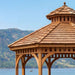 Close-up of Outdoor Living Today Western Red Cedar Octagon Bayside Gazebo showing its cedar shingles and sturdy wood craftsmanship