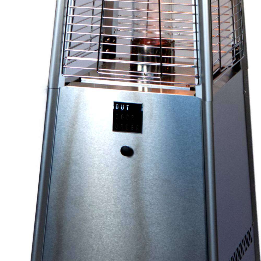 Close-up of Outdoor Order PrismQuad Tower Heater shows the brushed steel base panel with its logo badge and round black control knob