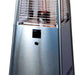 Close-up of Outdoor Order PrismQuad Tower Heater shows the brushed steel base panel with its logo badge and round black control knob
