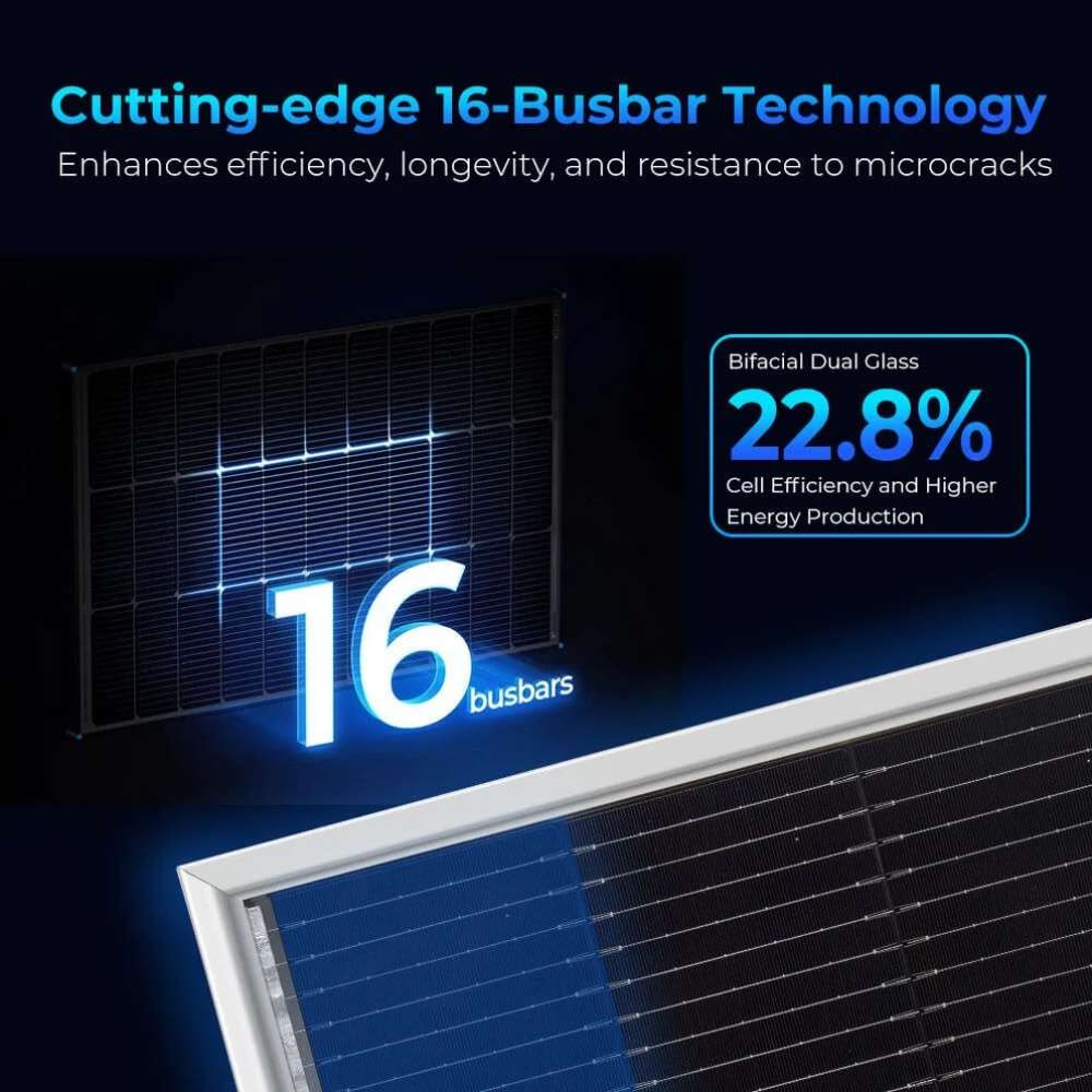 Close-up of Sun Gold Power 590W Bifacial N-Type Monocrystalline Solar Panel Full Pallet (31 Panels) emphasizing 16-busbar technology and 22.8% cell efficiency
