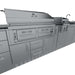 Close-up of Sunstone Dallas 14ft Outdoor Kitchen Island Package with Gas Hybrid Charcoal Grill showing stainless steel grill, drawers, and storage cabinets