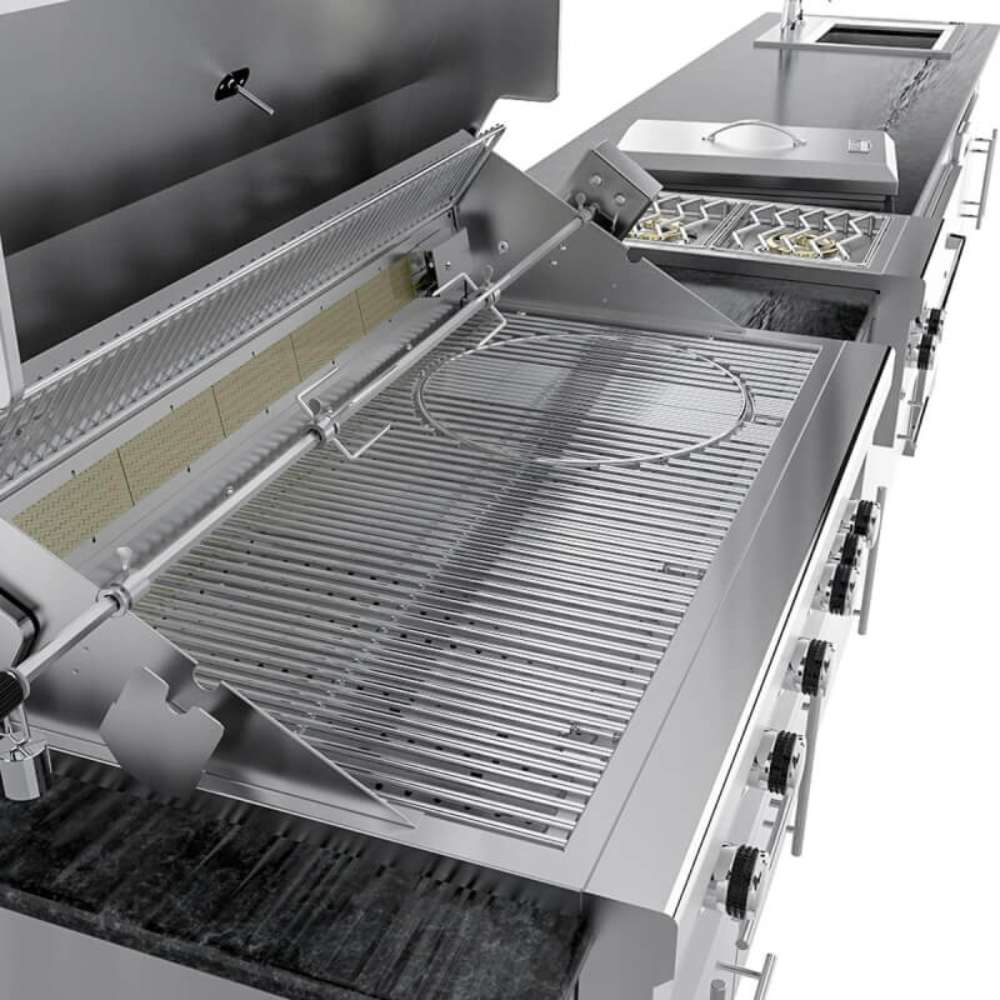 Close-up of Sunstone French Quarter 13ft 7in Outdoor Kitchen Island Package grill interior with rotisserie rod and stainless steel grates