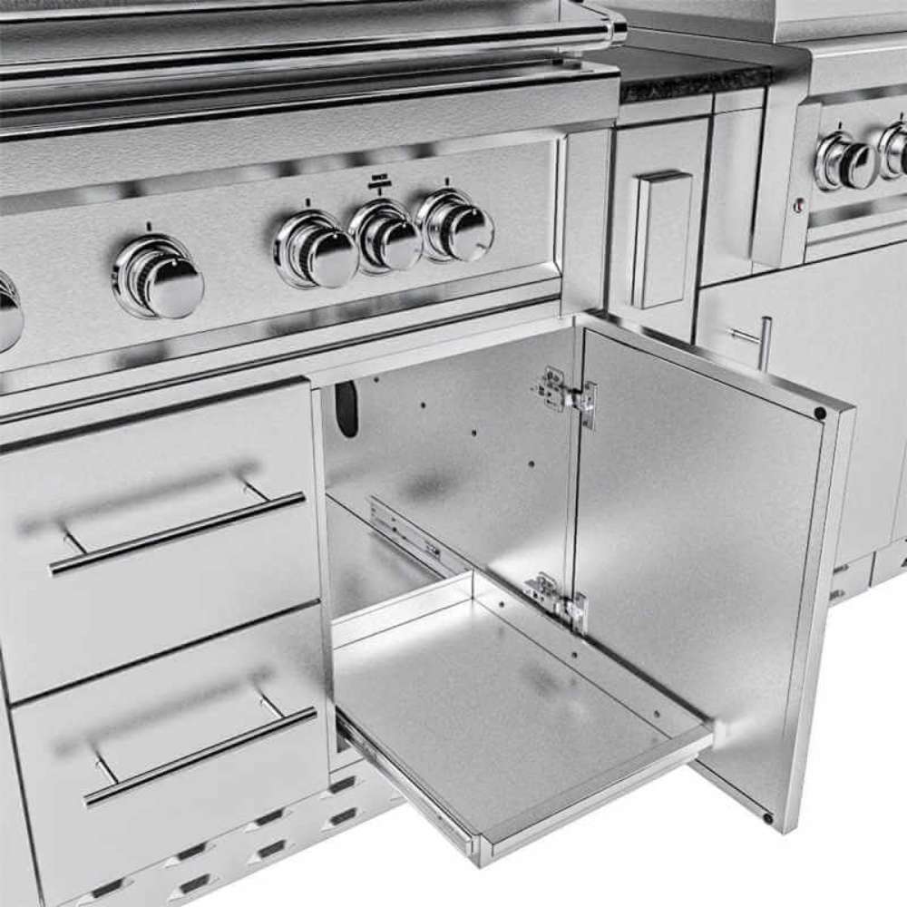 Close-up of Sunstone French Quarter 13ft 7in Outdoor Kitchen Island Package showing open storage cabinets and drawers beneath the grill