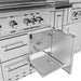 Close-up of Sunstone French Quarter 13ft 7in Outdoor Kitchen Island Package showing open storage cabinets and drawers beneath the grill