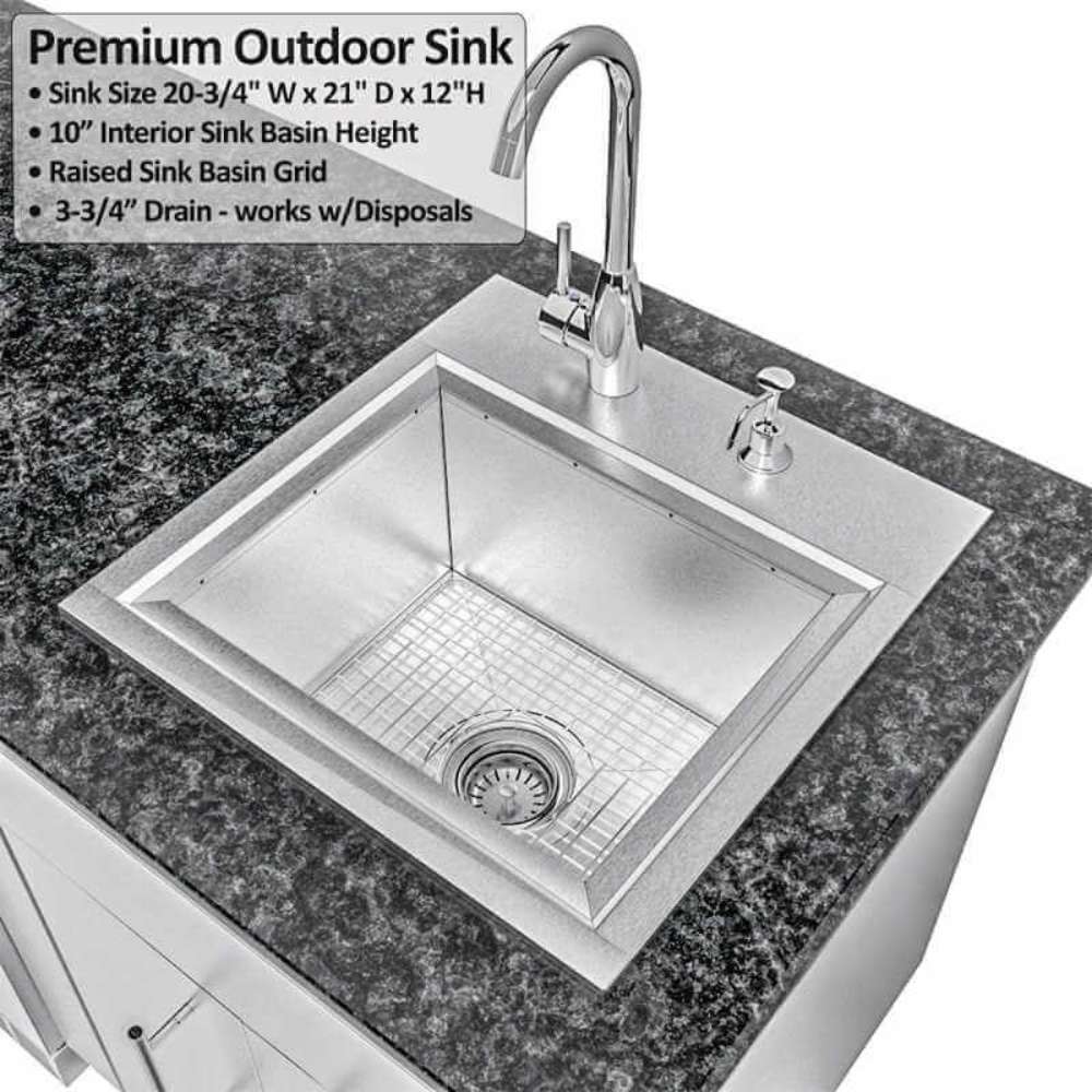 Close-up of Sunstone French Quarter 13ft 7in Outdoor Kitchen Island Package stainless steel sink with faucet and deep basin on a stone countertop