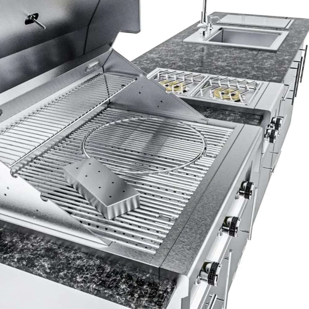 Close-up of Sunstone Magnolia 10ft Outdoor Kitchen Island Package grill with open lid, cooking grates, and side burner beside a sink