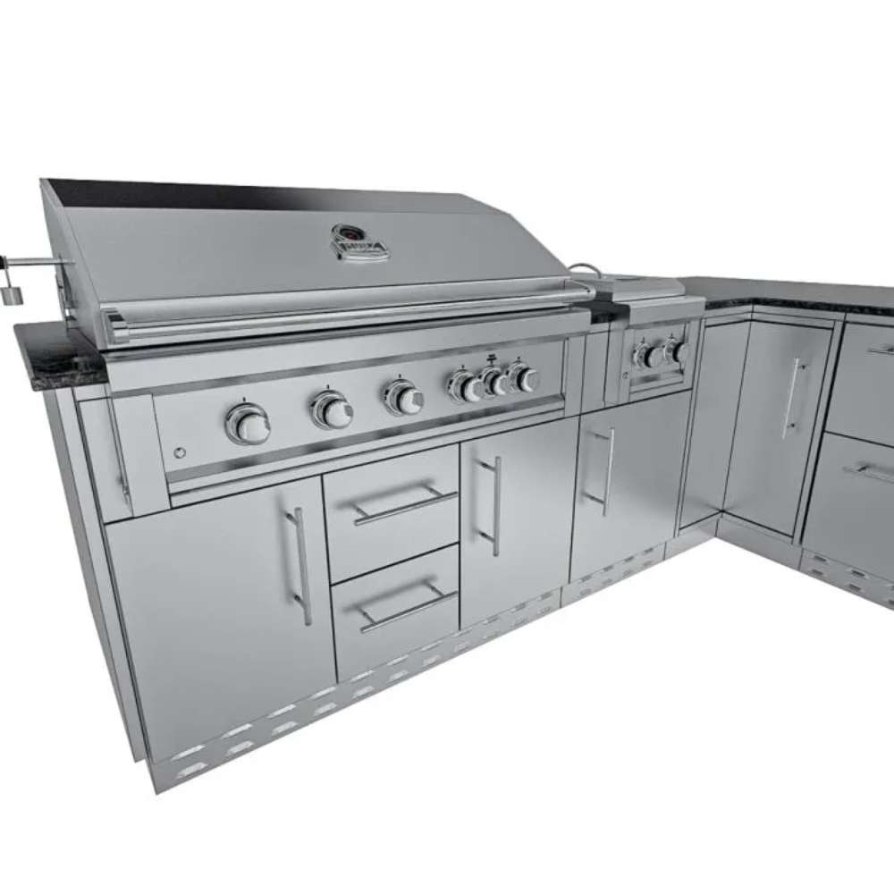 Close-up of Sunstone Rancher L-Shaped 8′11″ × 11′ Outdoor Kitchen Package grill with control knobs and storage below