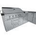Close-up of Sunstone Rancher L-Shaped 8′11″ × 11′ Outdoor Kitchen Package grill with control knobs and storage below