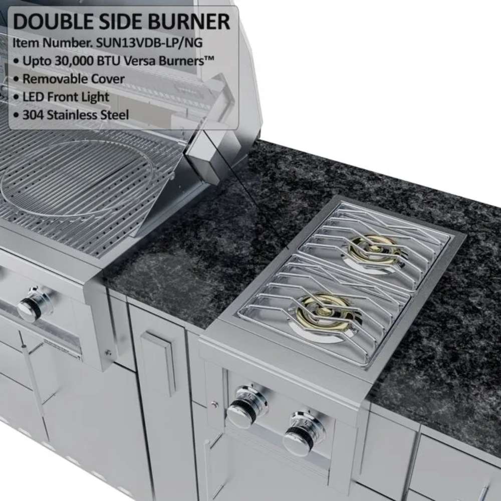 Close-up of Sunstone Savanna 16ft Outdoor Cabinet Package with 60° Angle grill shows interior grates and burner features with labeled specifications