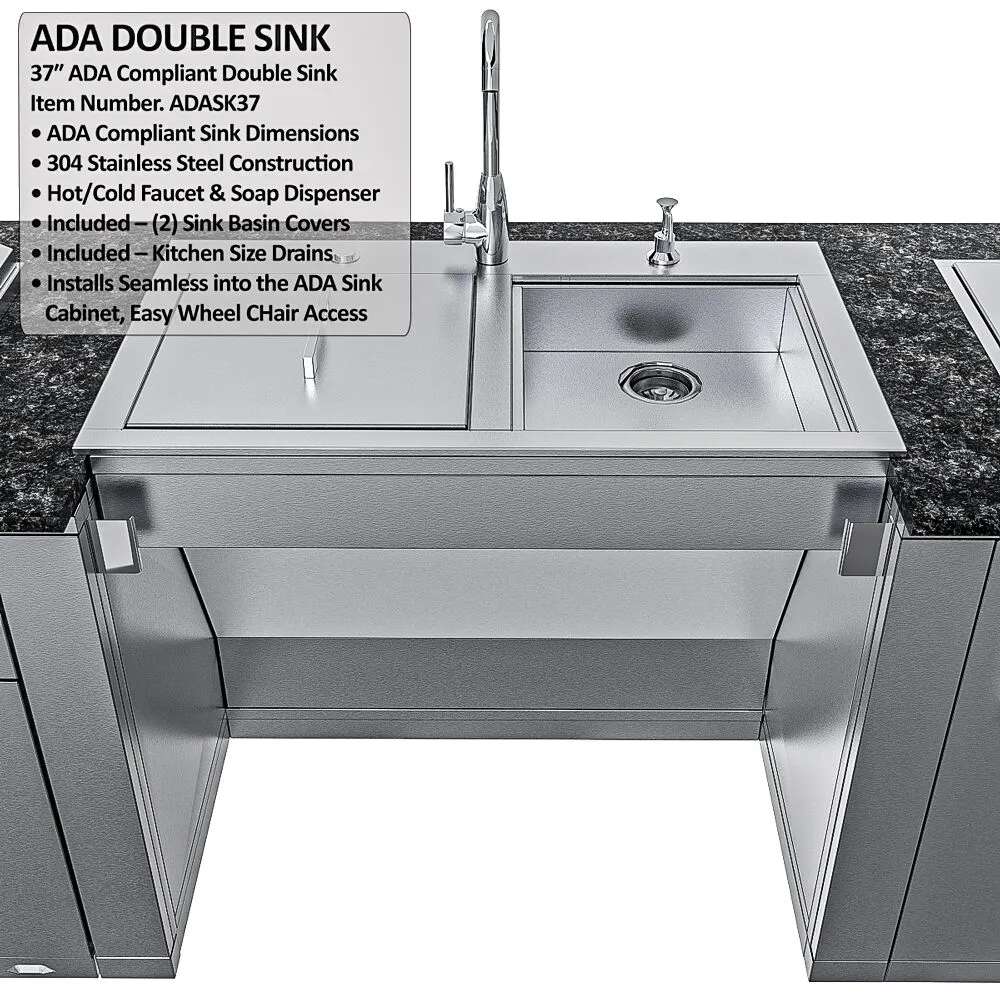 Close-up of Sunstone Summit 10ft Outdoor Kitchen Island Package ADA-compliant double sink with faucet and open space for wheelchair access below