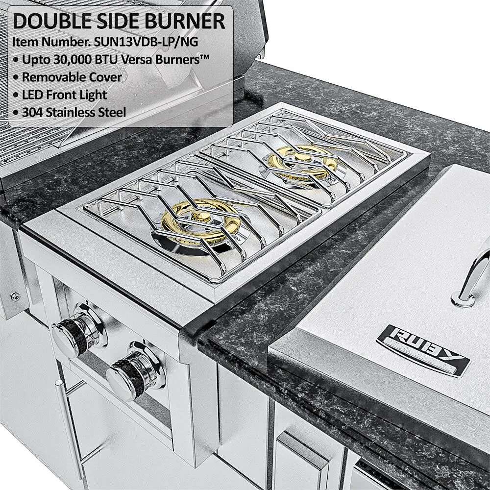 Close-up of Sunstone Summit 10ft Outdoor Kitchen Island Package double side burner with two gas burners and control knobs on a stone countertop