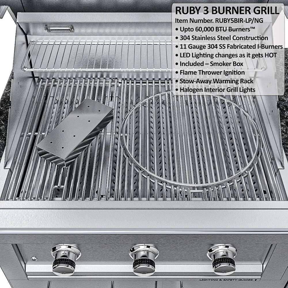Close-up of Sunstone Summit 10ft Outdoor Kitchen Island Package grill interior with visible grates and feature highlights displayed on screen