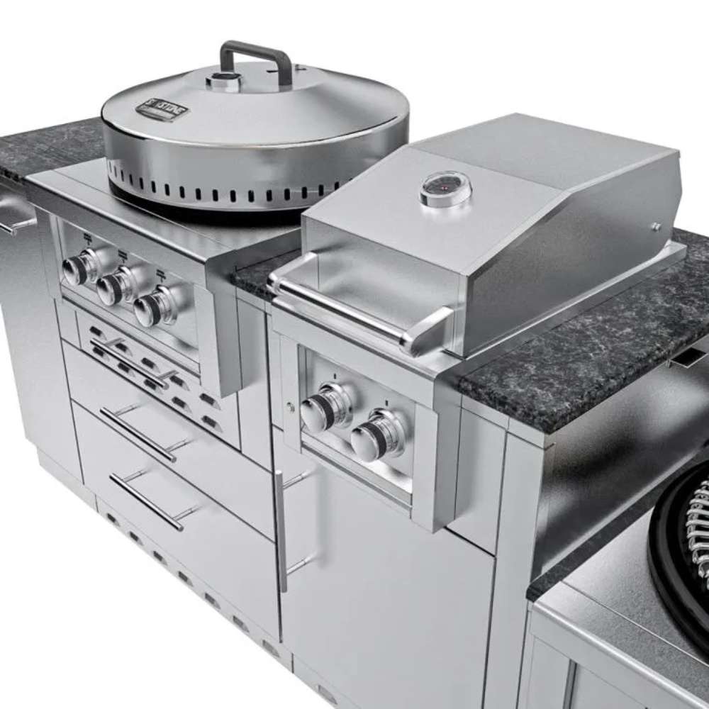 Close-up of Sunstone TexCajun 9ft Outdoor Kitchen Island Package highlighting grill controls and stainless steel finish