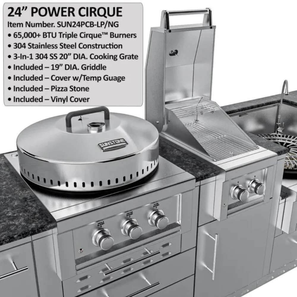 Close-up of Sunstone TexCajun 9ft Outdoor Kitchen Island Package power burner with lid, grill, and sink on a stone countertop