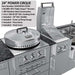 Close-up of Sunstone TexCajun 9ft Outdoor Kitchen Island Package power burner with lid, grill, and sink on a stone countertop