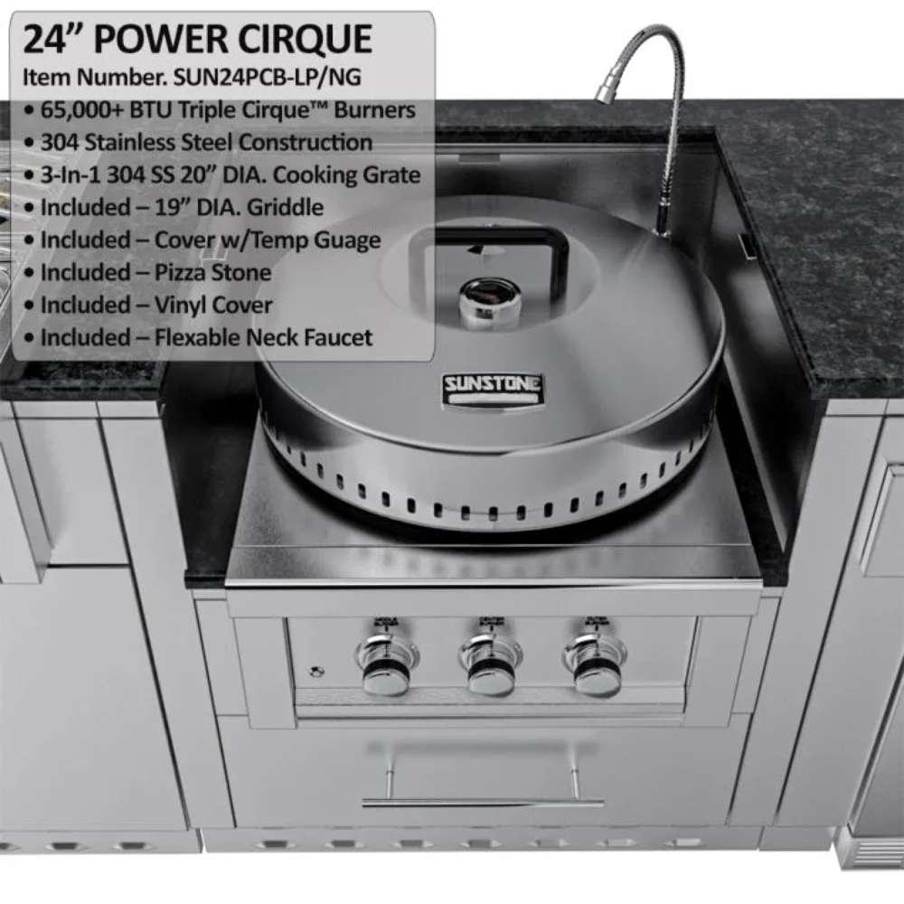 Close-up of Sunstone TexCajun 9ft Outdoor Kitchen Island Package power burner with lid next to a built-in sink and faucet