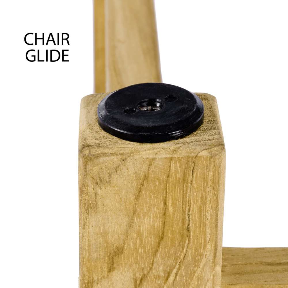 Close-up of Westminster Teak Adirondack Lounger leg showing a black chair glide attached to the teak wood base for floor protection