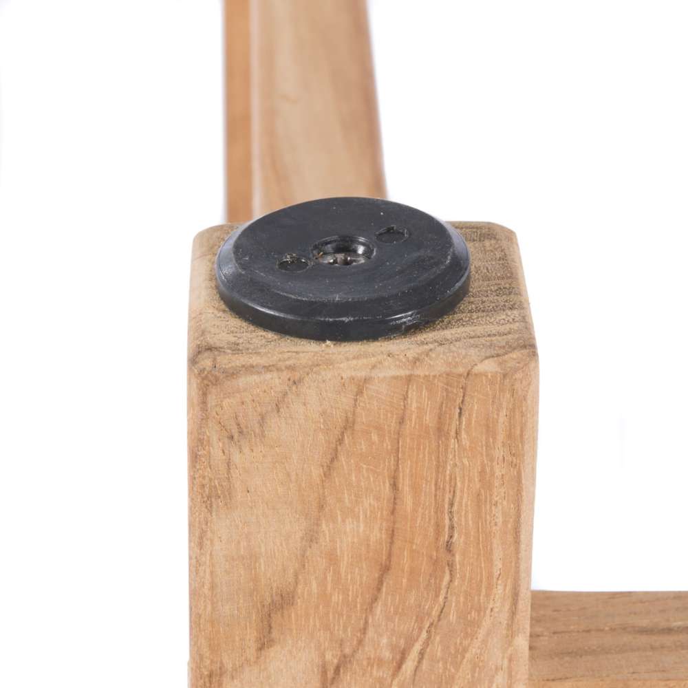 Close-up of Westminster Teak Horizon Teak Console Table leg reveals the natural wood grain and a black protective floor glide attached to the bottom