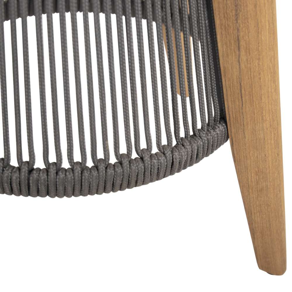 Close-up of Westminster Teak Luna Round Side Table highlights the tightly woven gray rope detailing around the base next to a sturdy wooden leg