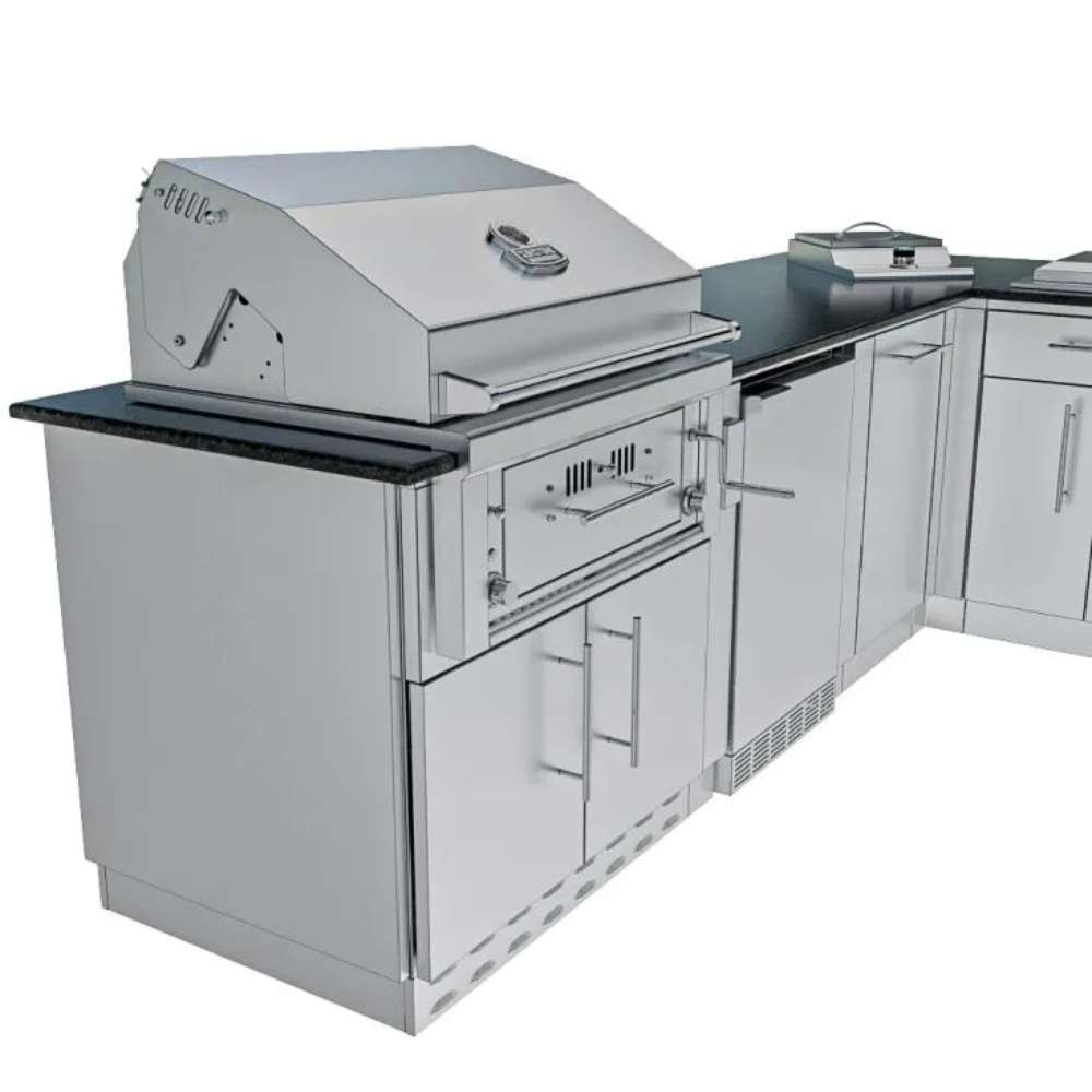 Close-up of a built-in grill and cabinet section from the Sunstone Texas Tango 19ft Outdoor Kitchen Island Package