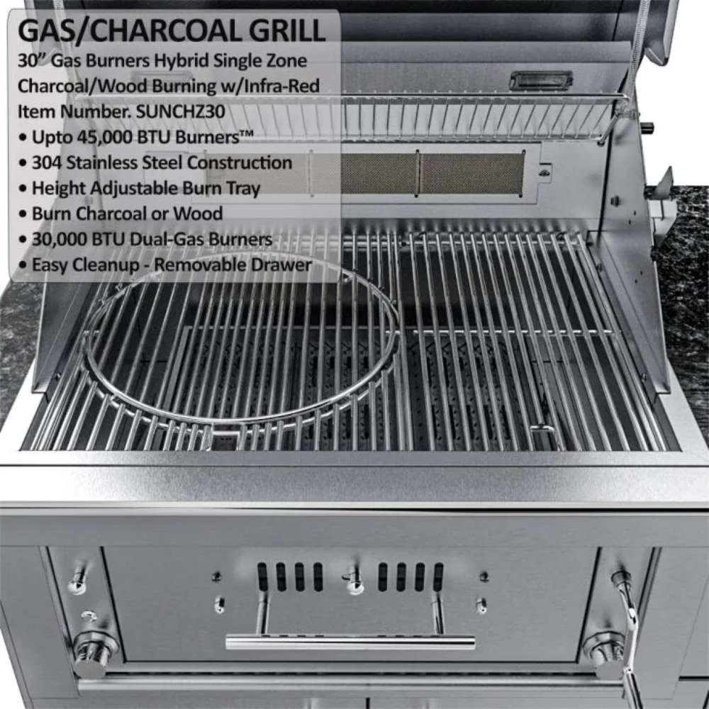 Close-up of a hybrid gas and charcoal grill with labeled features in the Sunstone Texas Tango 19ft Outdoor Kitchen Island Package