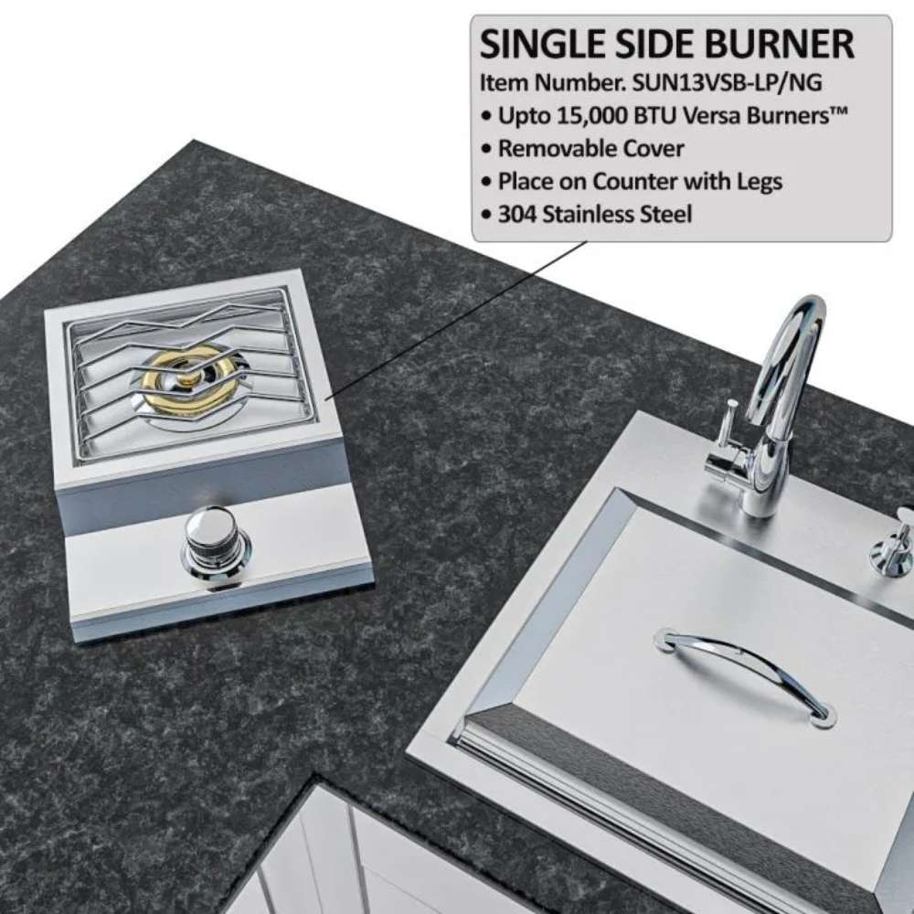 Close-up of a single side burner and sink labeled features in the Sunstone Texas Tango 19ft Outdoor Kitchen Island Package