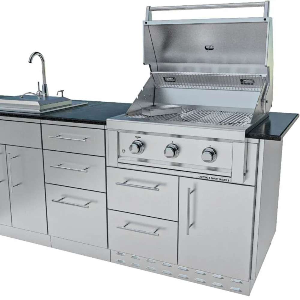 Close-up of a stainless steel grill with control knobs and storage drawers in the Sunstone Texas Tango 19ft Outdoor Kitchen Island Package