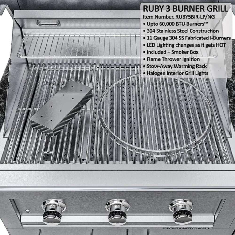 Close-up of a three-burner grill with cooking grates and feature labels in the Sunstone Texas Tango 19ft Outdoor Kitchen Island Package