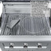 Close-up of a three-burner grill with cooking grates and feature labels in the Sunstone Texas Tango 19ft Outdoor Kitchen Island Package
