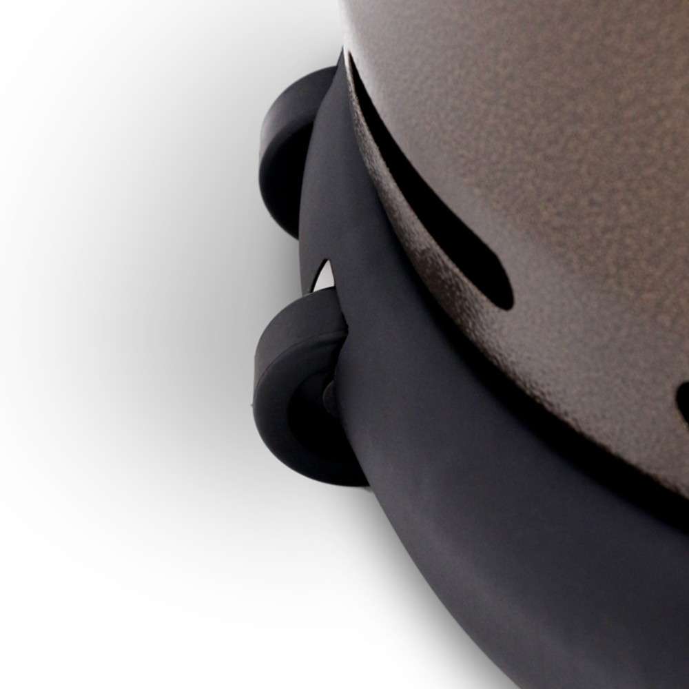 Close-up of black wheels under the curved bronze base of Outdoor Order Halo Traditional Heater