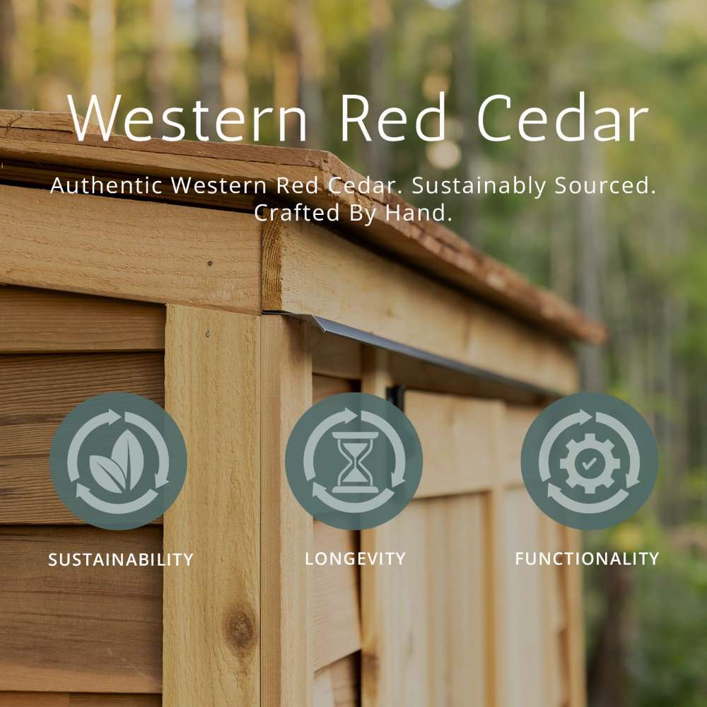 Close-up of cedar wood with icons for sustainability and longevity highlights the premium materials used in Outdoor Living Today Western Red Cedar 8x5 Grill Gazebo