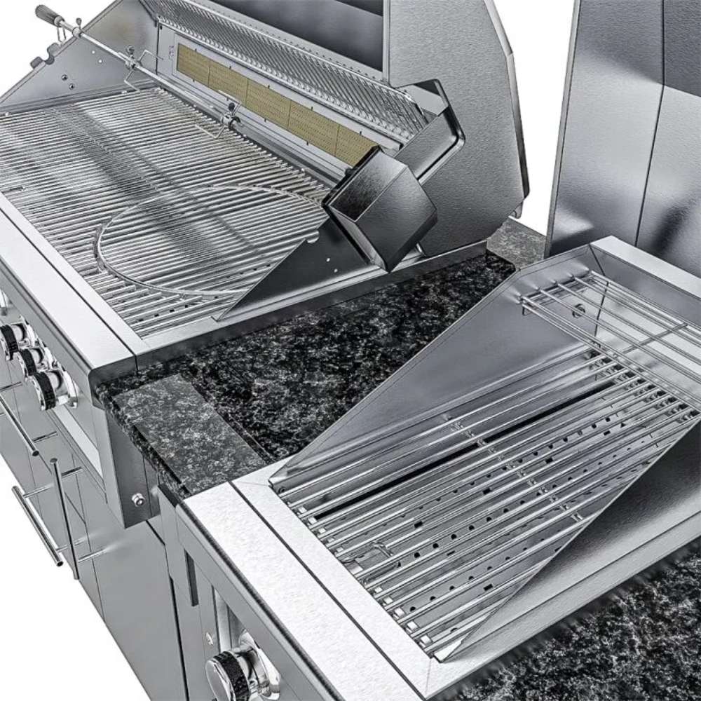 Close-up of grill and side burner in Sunstone Gulf Breeze 10ft Expansive Cabinet Island Package with stainless grates and knobs