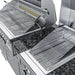 Close-up of grill and side burner in Sunstone Gulf Breeze 10ft Expansive Cabinet Island Package with stainless grates and knobs